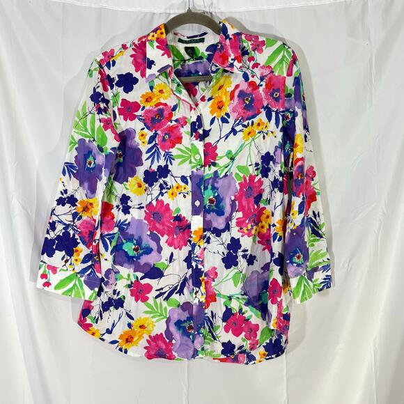 Lauren Ralph Lauren Women’s Floral 100% Cotton Button Down Shirt Large - Picture 2 of 5